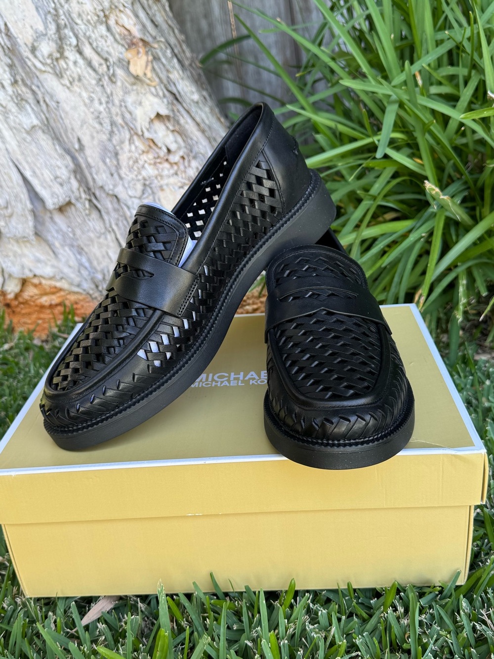 NWT, IN BOX Michael Kors Eden Black Woven Leather Slip-On Loafers